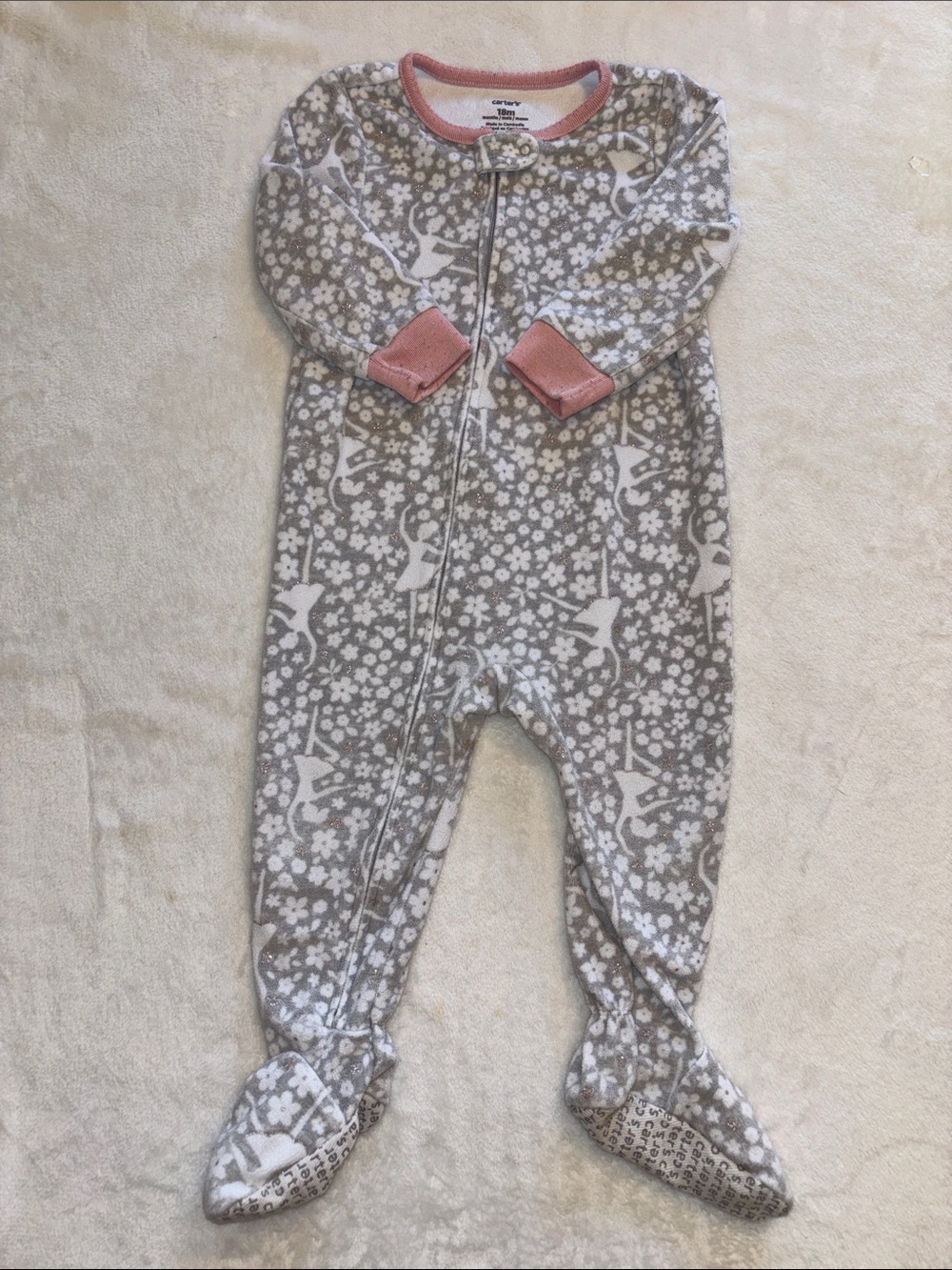 (2 for $10) Carter's Gray Floral ballerina Footed One-Piece with Pink Trim